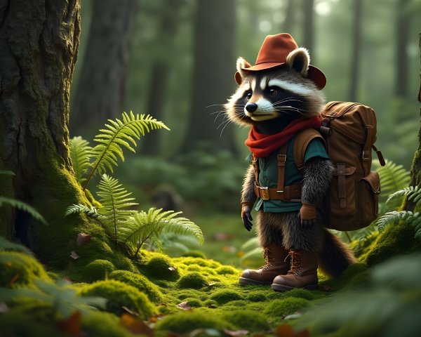 Raccoon Dressed as Hiker in Serene Forest Setting