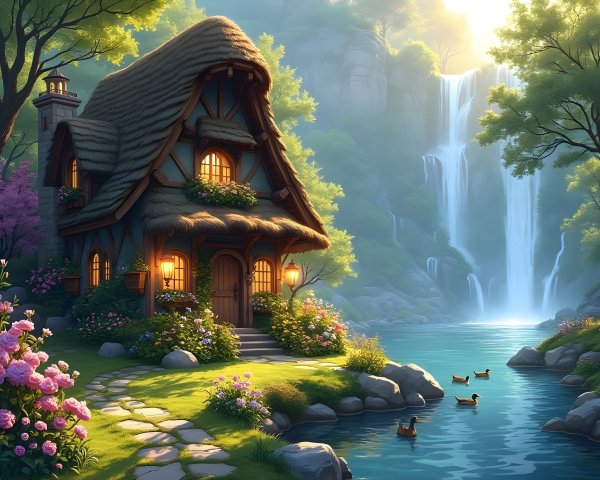 Cottage by River with Thatched Roof and Vibrant Nature