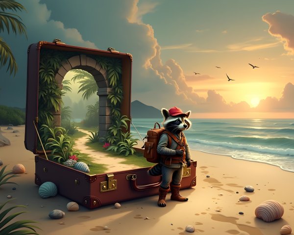 Whimsical Raccoon at Beach with Tropical Pathway