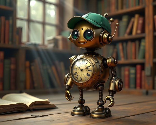 Robotic Figure in Cozy Library with Steampunk Design