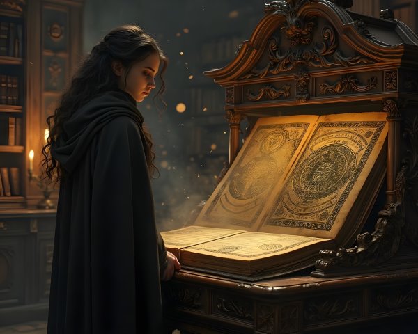 Young Woman in Cloak Studies Ancient Book in Library