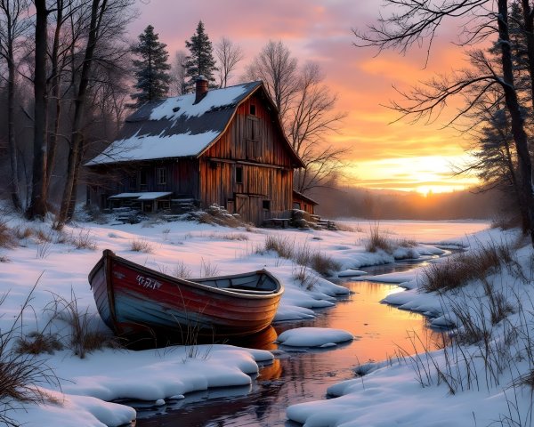 Winter Cabin Scene with Sunset and Icy Stream