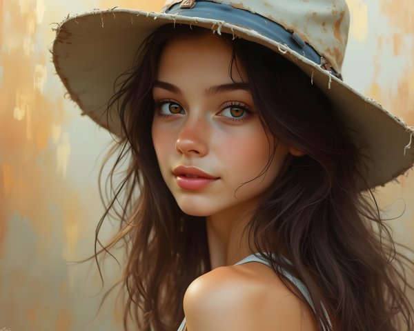 Young woman with wavy brown hair and wide-brimmed hat