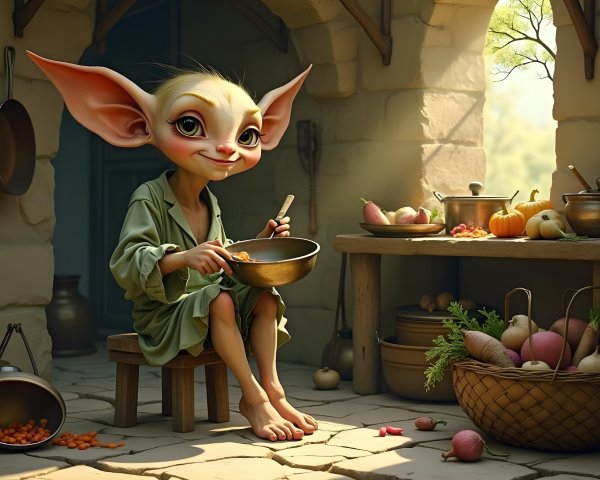 Whimsical Creature in Cozy Kitchen with Fresh Produce