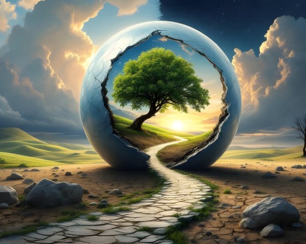 Surreal Landscape with Giant Sphere and Vibrant Tree