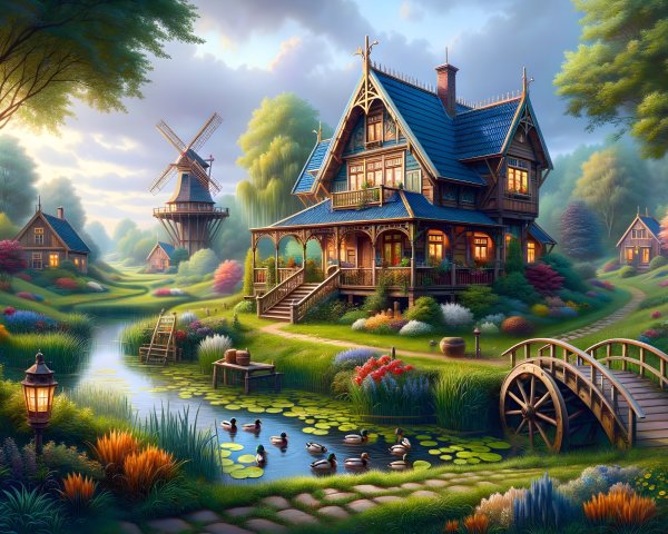 Idyllic landscape with cottage, stream, and windmill