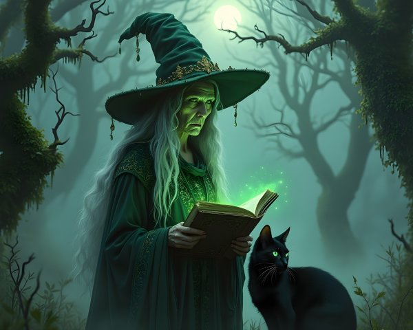 Enchanted Forest Scene with Ancient Witch and Cat
