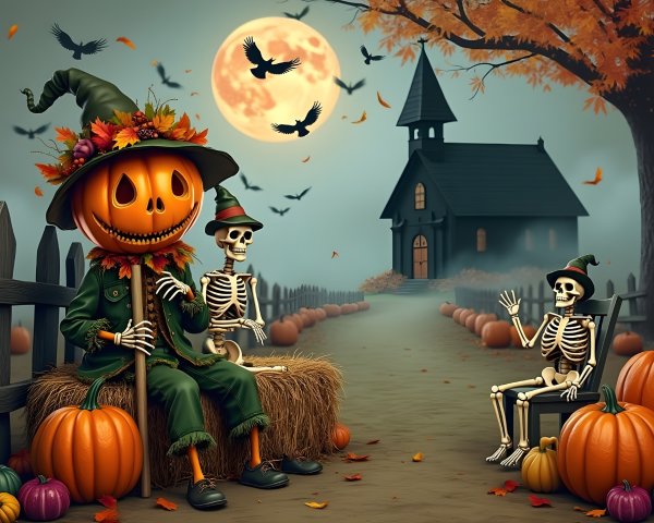 Whimsical Halloween Scene with Pumpkin Figure and Skeletons