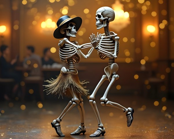 Skeletons Dancing in a Vintage Dance Hall Setting