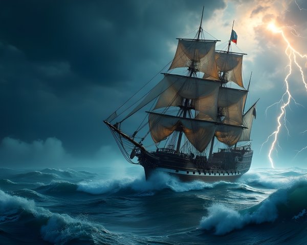 Majestic ship navigating stormy seas with lightning