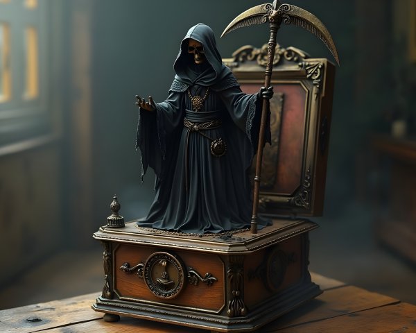 Cloaked Death Figurine on Ornate Wooden Base