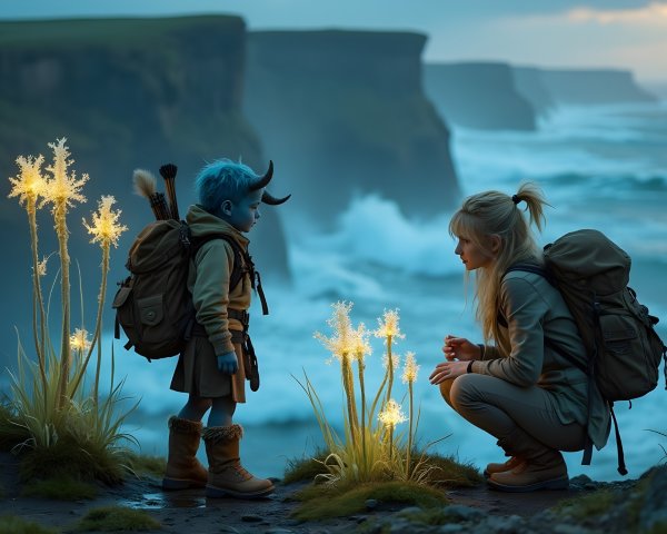 Mystical Ocean Scene with Blue-Skinned Child and Woman