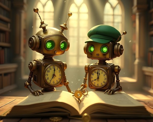 Whimsical Robots Reading in a Cozy Library Setting