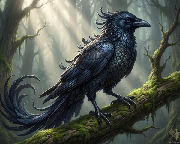 Ornate Black Raven in Misty Forest Setting