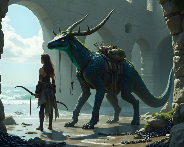 Lone Warrior and Scaled Creature on Rocky Shore
