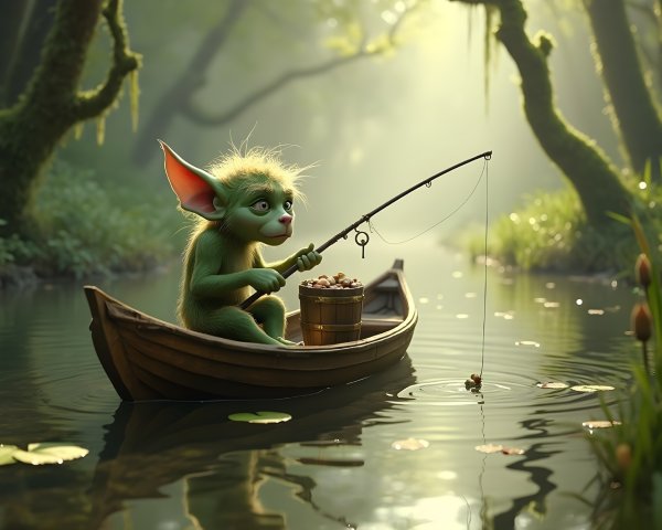 Whimsical creature fishing in a sunlit forest pond