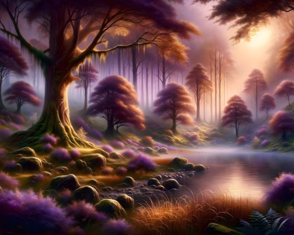 Enchanted forest with golden light and vibrant foliage
