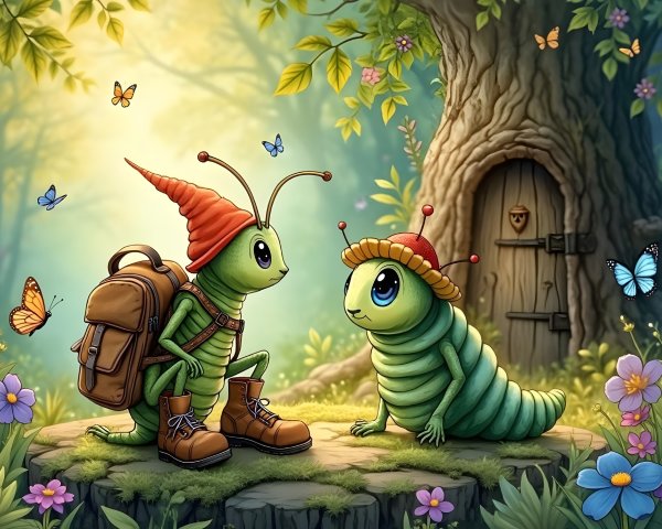 Caterpillars in a Whimsical Forest Glade Setting