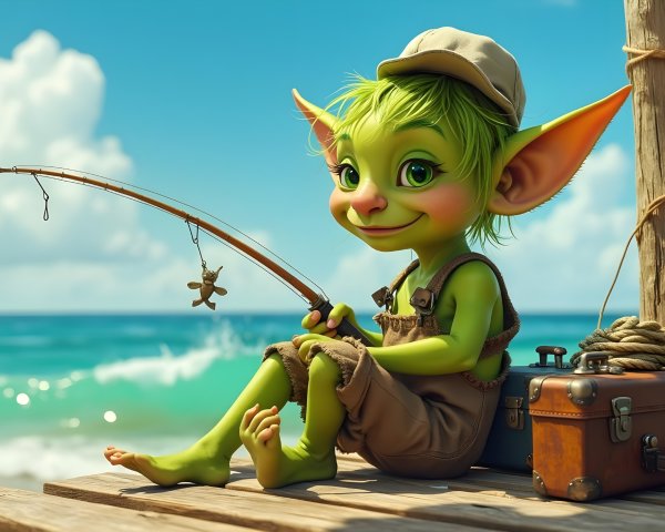 Cartoonish Green Character Fishing on a Sunny Dock