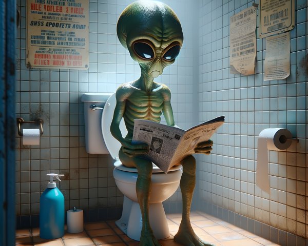 Alien Reading Newspaper in Dimly Lit Restroom