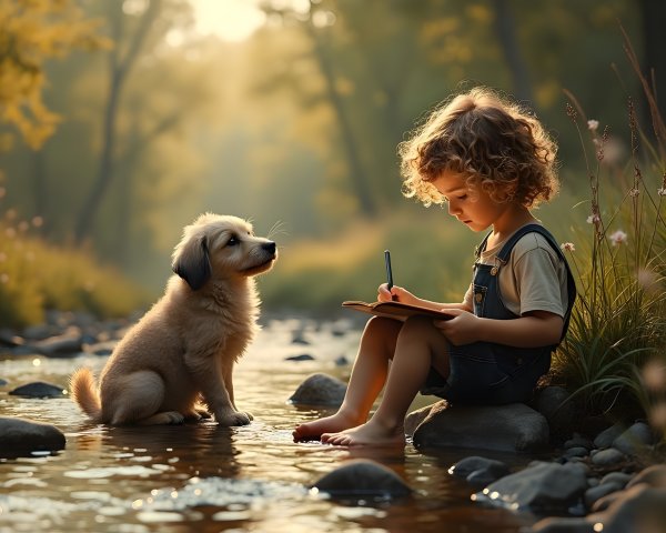 Child Writing by Stream with Puppy in Sunlight