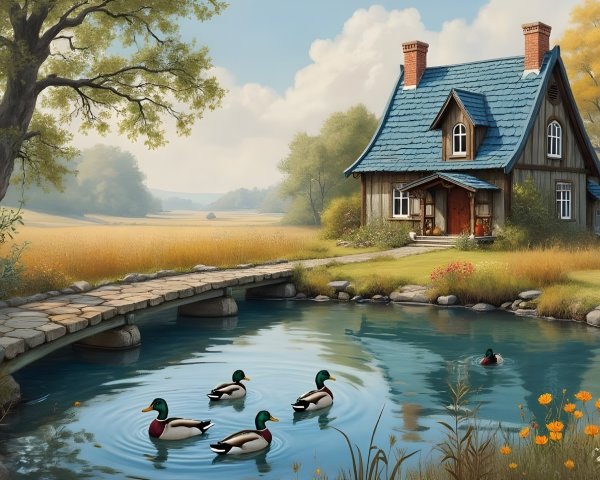 Charming Countryside Scene with House and Pond