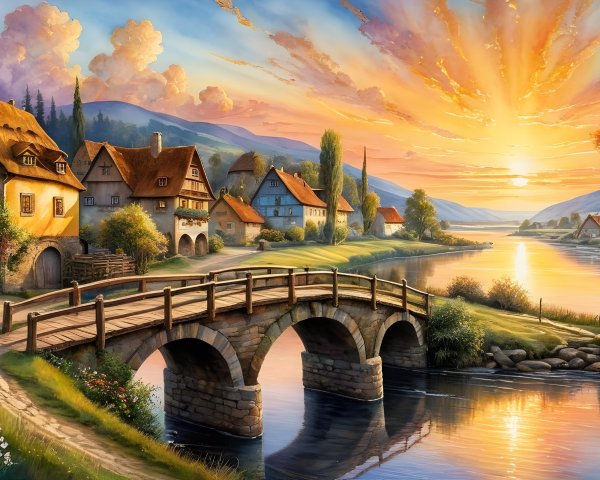 Picturesque Village at Sunrise by a Serene River