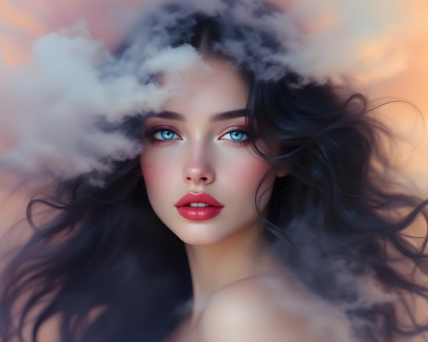 Close-Up Portrait of a Young Woman in Pastel Clouds