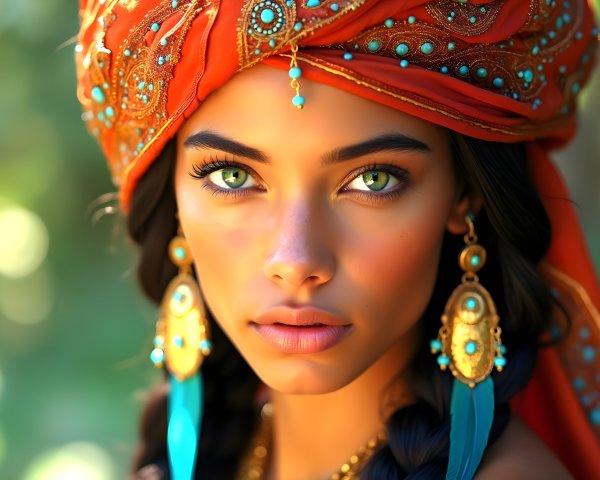 Young woman in vibrant orange headscarf and jewelry