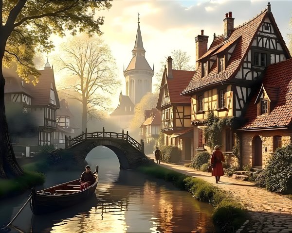 Idyllic Village with Half-Timbered Houses and Canal