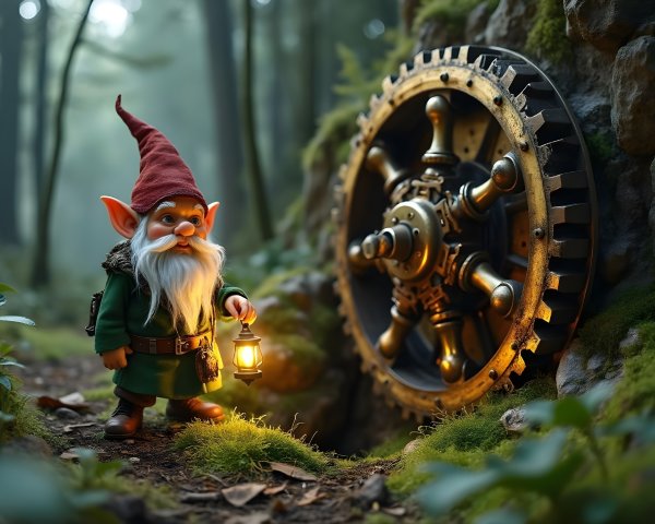 Gnome with Lantern in Mystical Forest Setting