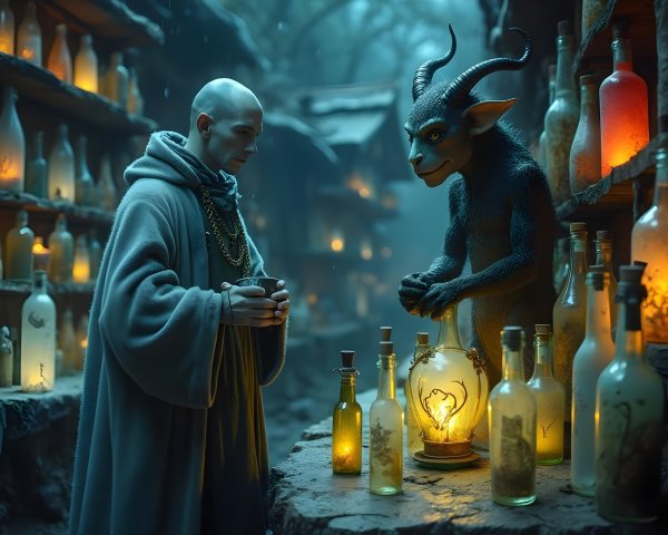Cloaked Figure and Creature in Enchanted Apothecary Scene