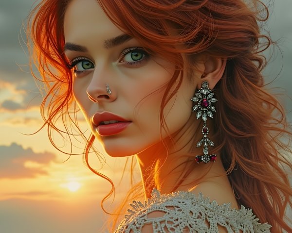 Portrait of a Young Woman with Red Hair at Sunset