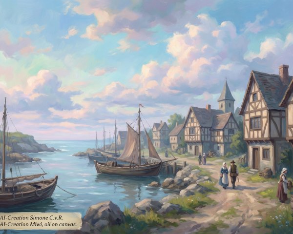 Vibrant Oil Painting of a Medieval Harbor Village