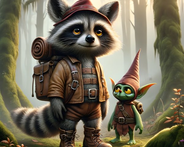 Raccoon and Goblin in a Magical Forest Setting