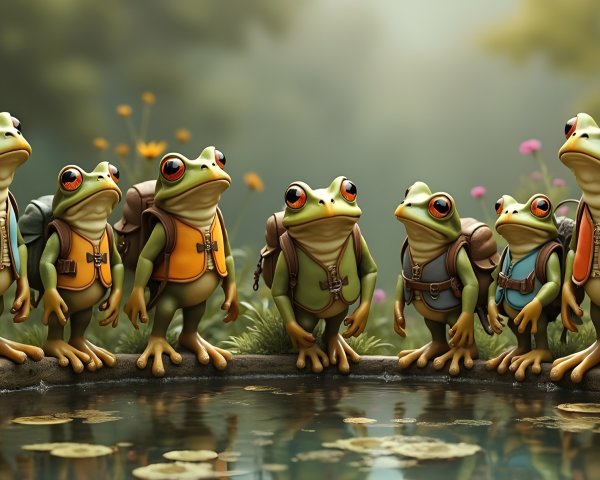 Cartoon Frogs by a Serene Pond in Colorful Attire