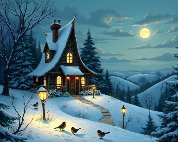 Cozy Cottage in a Snowy Winter Landscape