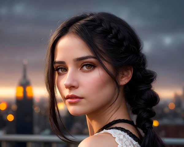 Young Woman with Braided Hair Against Urban Sunset