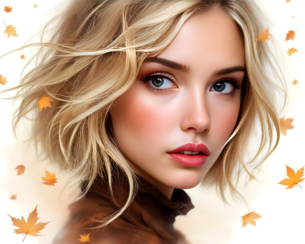 Close-up Portrait of a Young Woman with Autumn Leaves