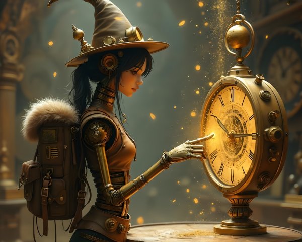 Whimsical Steampunk Scene with Young Woman and Clock