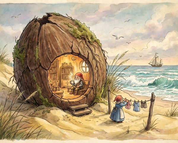 Watercolor Illustration of Gnomes on a Beach Scene