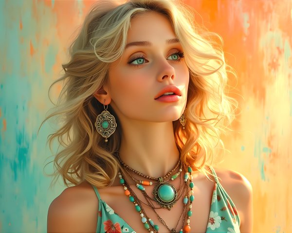 Young woman in floral dress against abstract background