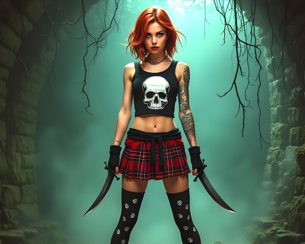 Confident Young Woman in Edgy Fashion with Swords
