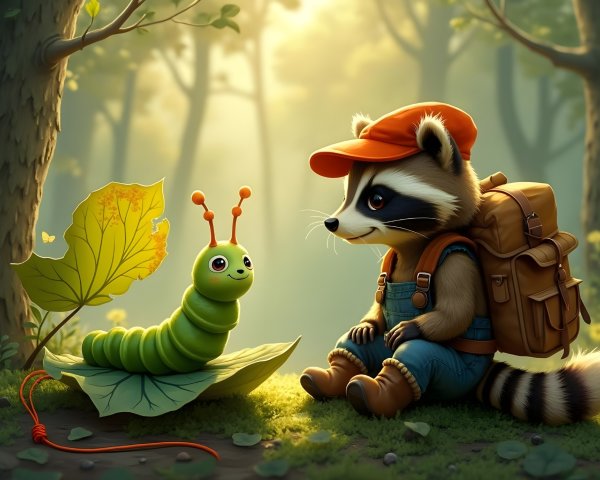 Raccoon and Caterpillar Friendship in a Forest Setting
