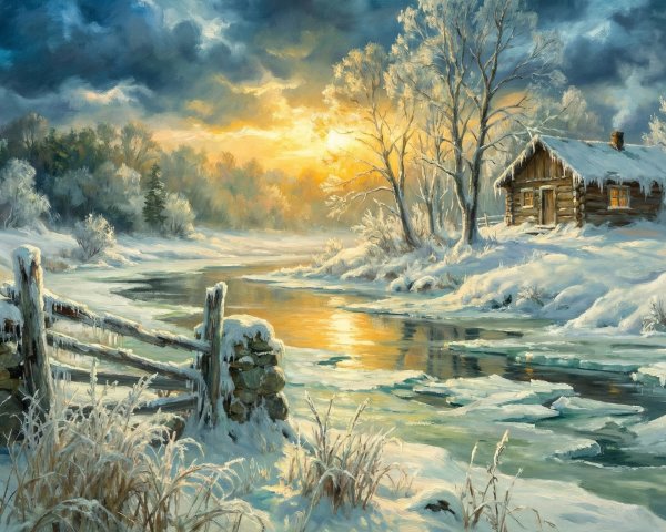 Panoramic Oil Painting of a Cozy Snowy Log Cabin