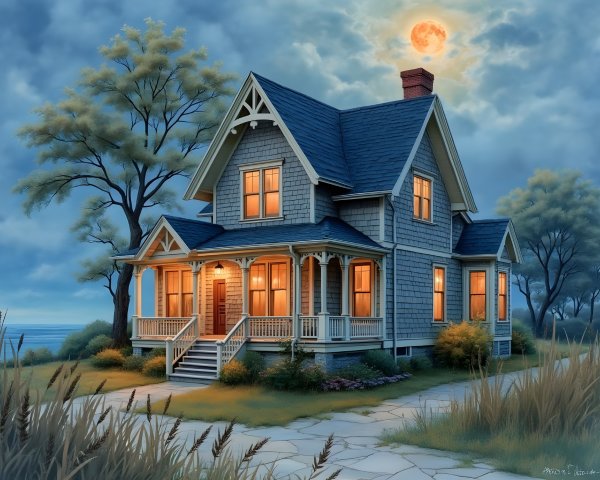Seaside Victorian House Under Full Moonlight