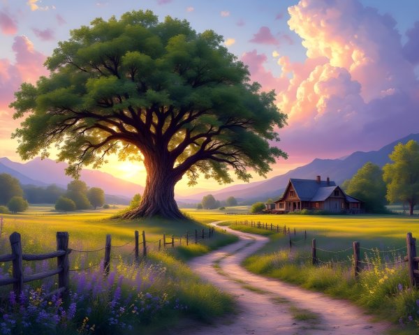 Lush Tree and Farmhouse at Sunset in Scenic Landscape