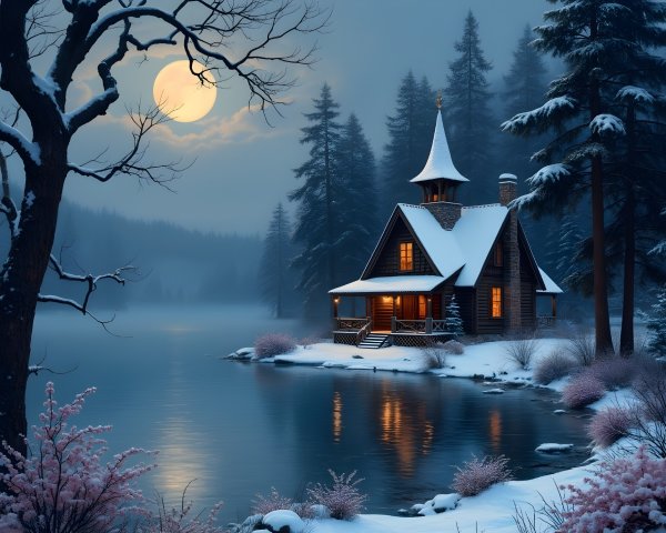 Winter Cabin by Reflective Lake with Moonlit Snow