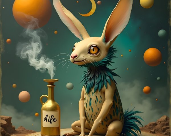 Anthropomorphic rabbit with yellow eyes and planets