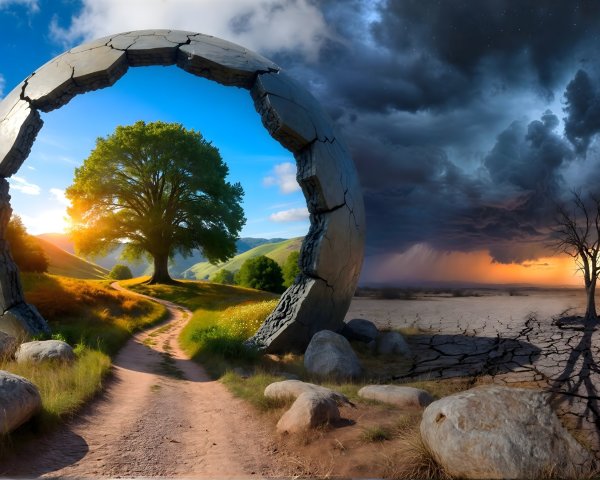 Surreal Landscape with Circular Stone Portal Structure